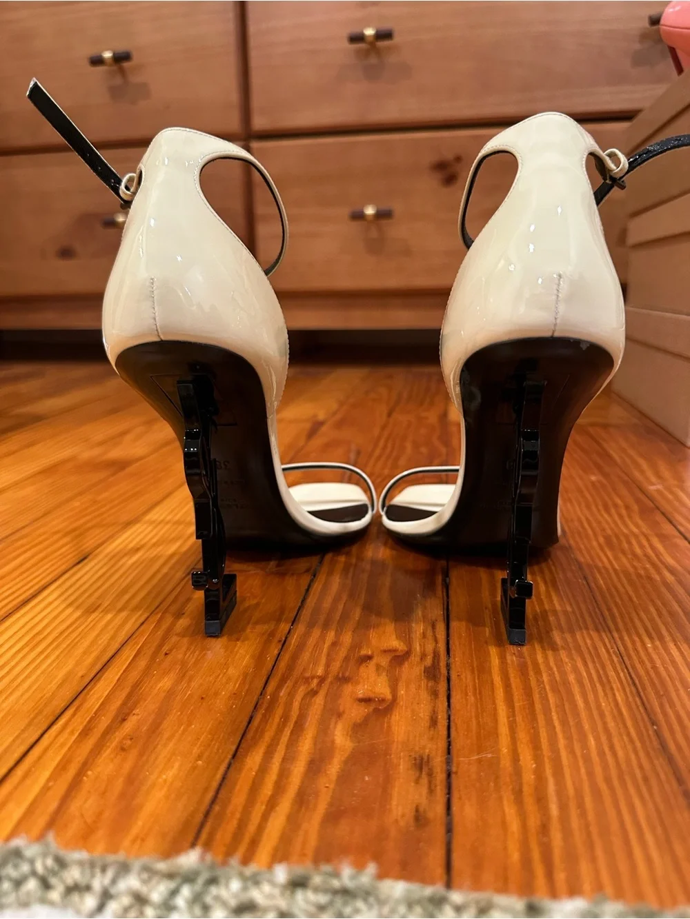 Saint Laurent Ivory Patent Leather Opyum Sandals with Logo Heel